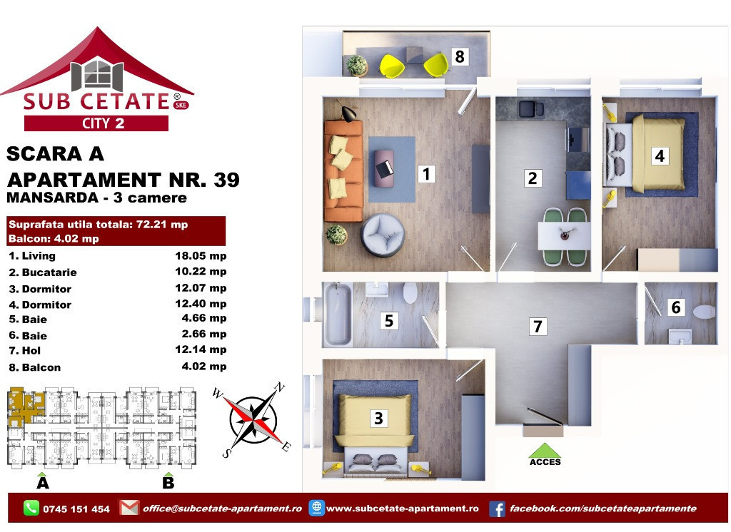 Apartament cu 3 camere decomandat 72 mp + balcon prin credit bancar