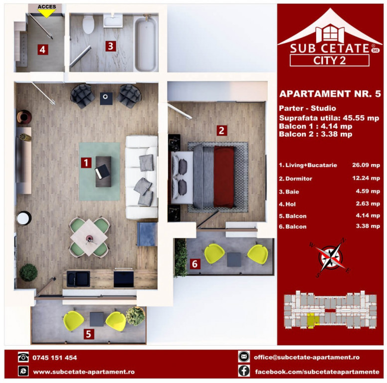 Studio 45 mp + 2 balcoane prin credit