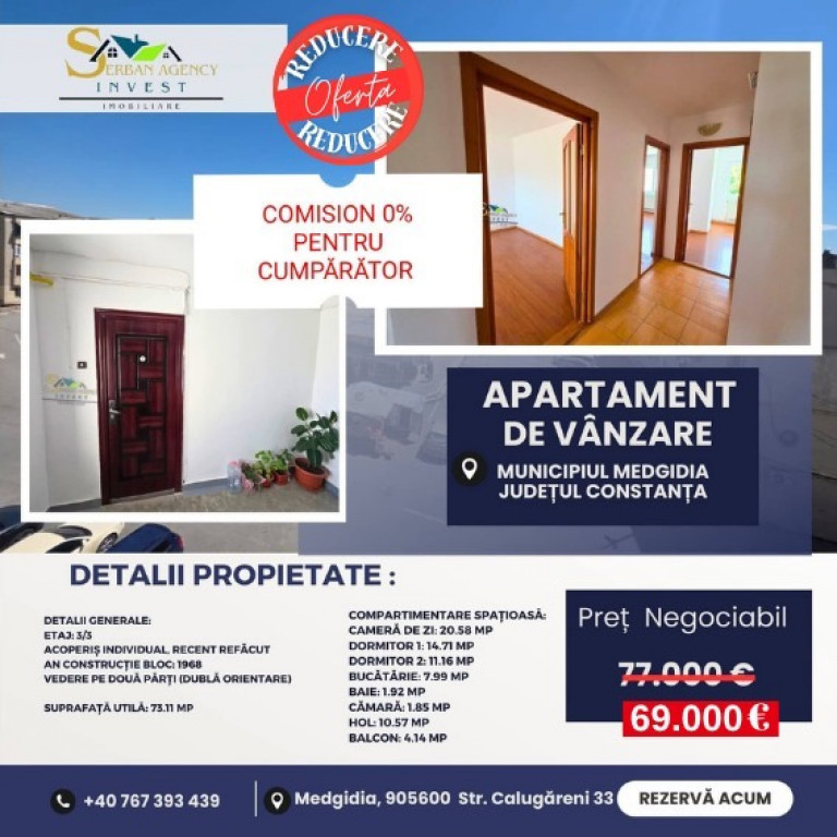 Apartament de Vânzare – 3 Camere Spațioase, Zona Piața Balada