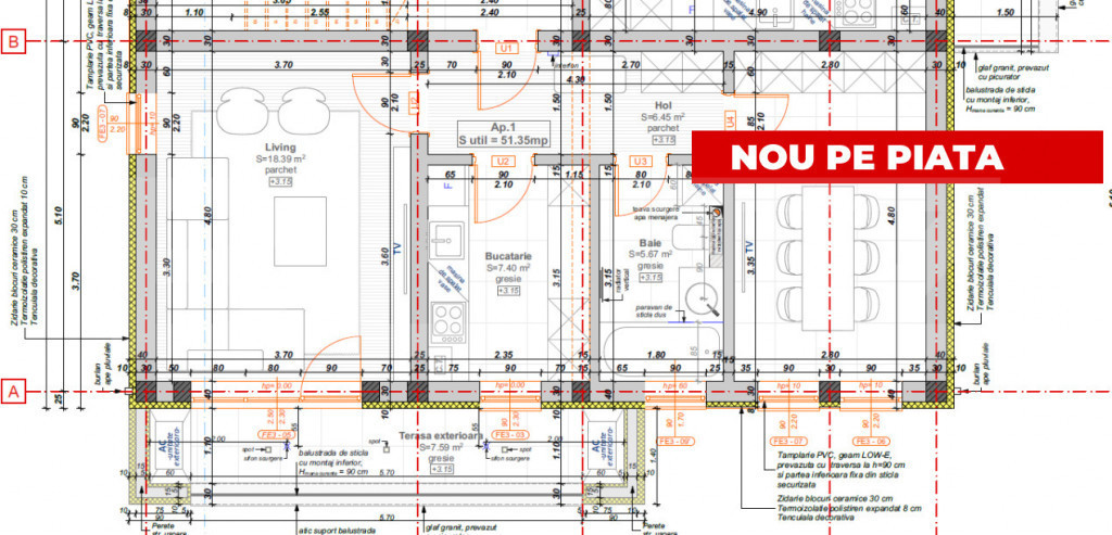 Apartament cu 2 camere, 51,35 mp + balcon 7,6 mp, zona Hotel