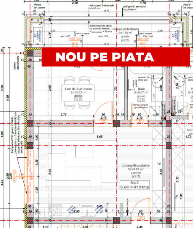 Apartament cu 2 camere, 41,91 mp + balcon 7,6 mp, zona Hotel