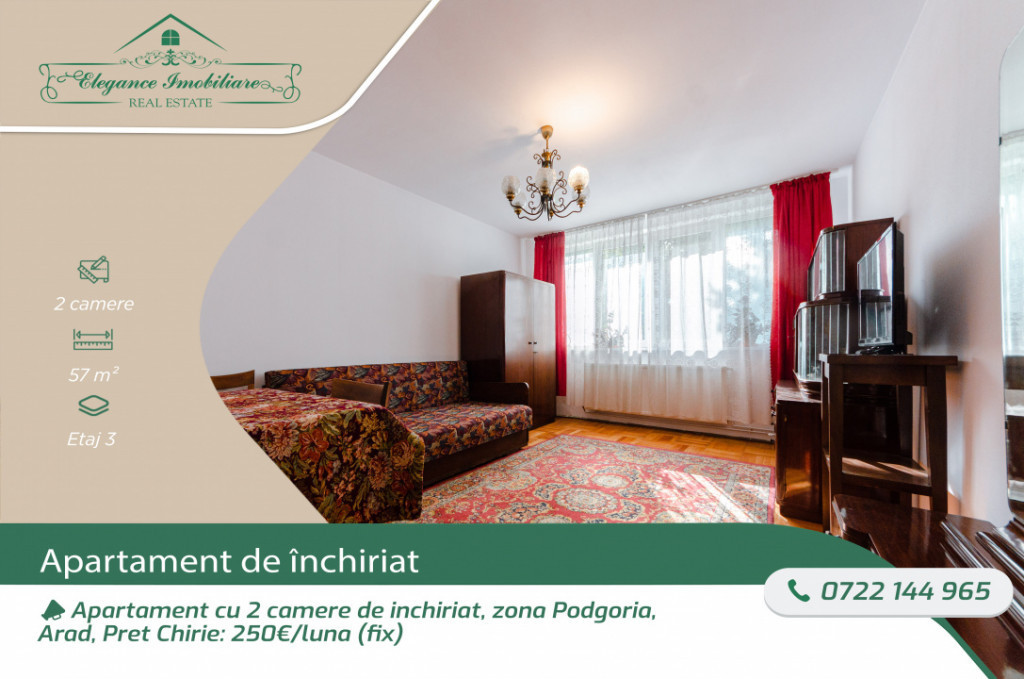 Apartament cu 2 camere de închiriat, zona Podgoria, Arad