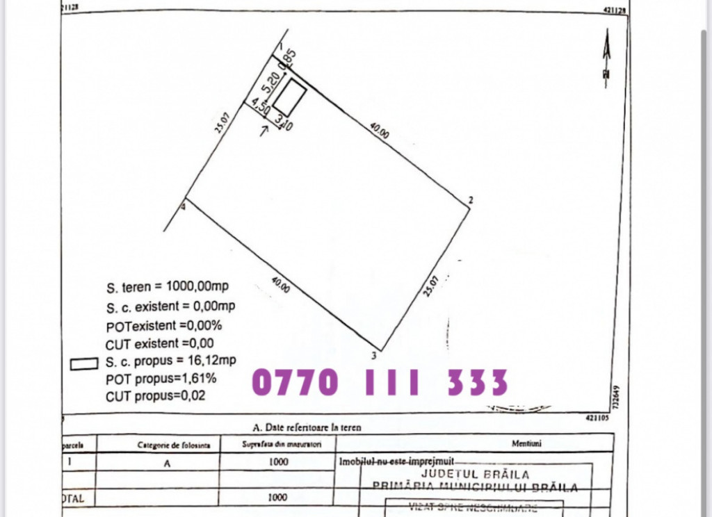 Teren 1000mp, deschidere 25metri. Zona Vidin