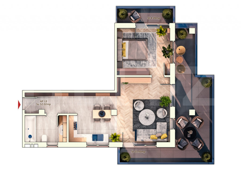 Apartament 2 Camera, 52 mp, Terasa 29 mp, Zona Iulius Mall