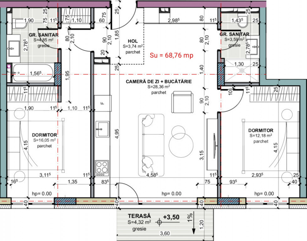 Apartament 3 camere, 2 bai, etajul 1, zero comision, Terra O