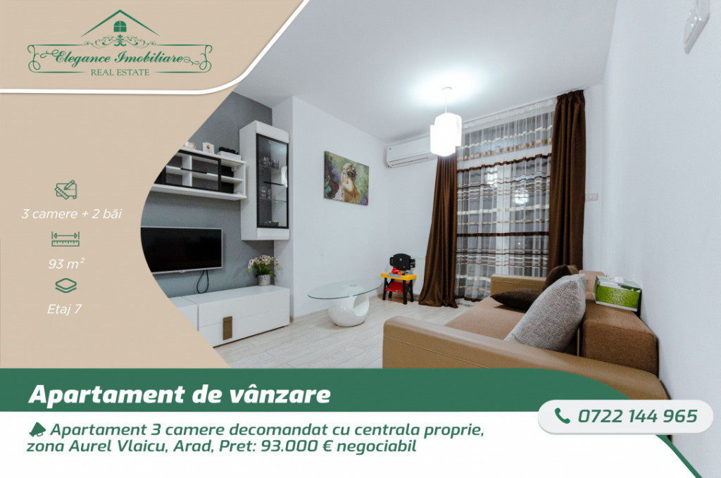 Apartament 3 camere decomandat cu centrala proprie, zona Aur