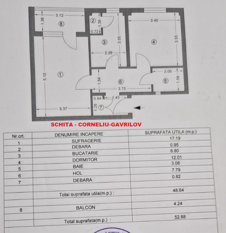 Apartament 2 camere CORNELIU GAVRILOV /52mp