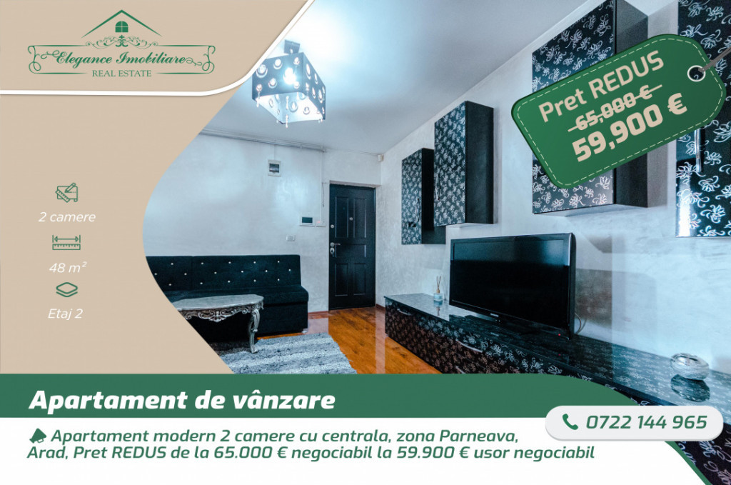 Apartament modern 2 camere cu centrala, zona Parneava, Arad