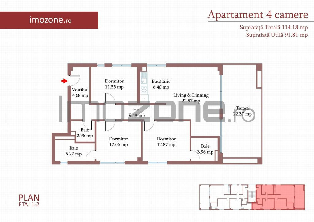 4 camere cu terasa de 22 mp, 3 bai, etaj 1/3, FINISAT MOD...