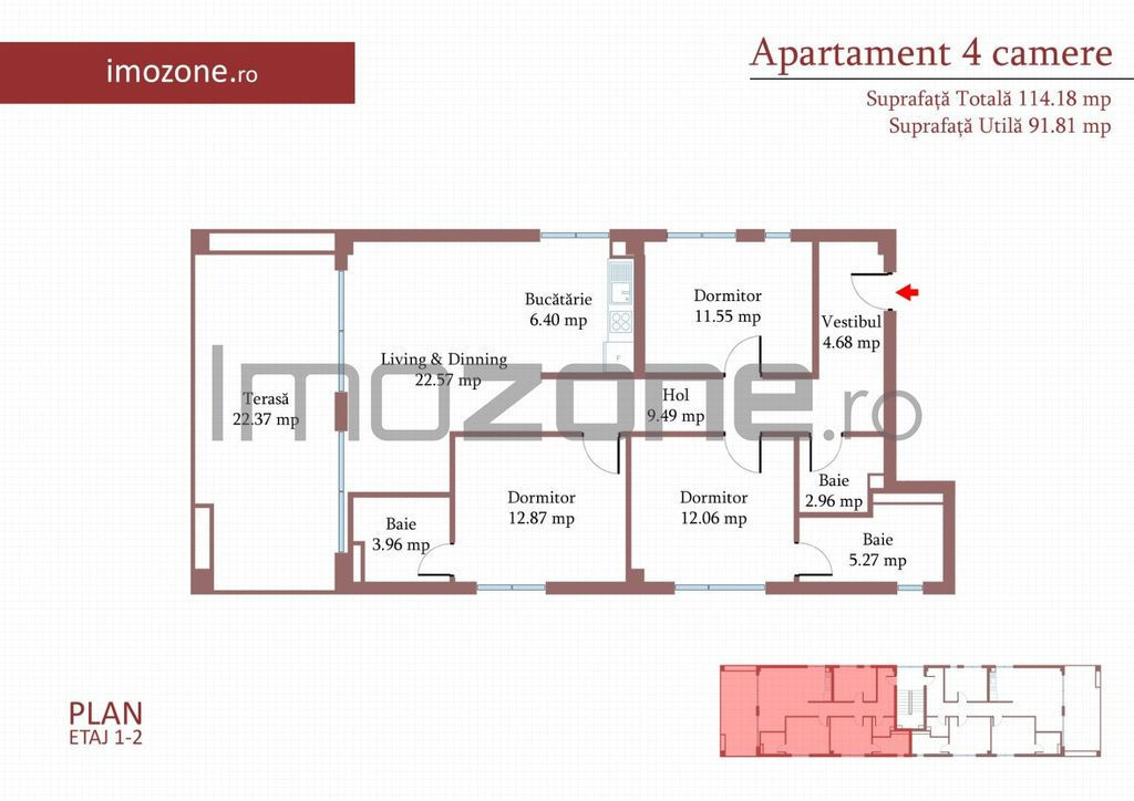 4 camere cu terasa de 22 mp, 3 bai, etaj 1/3, FINISAT MOD...