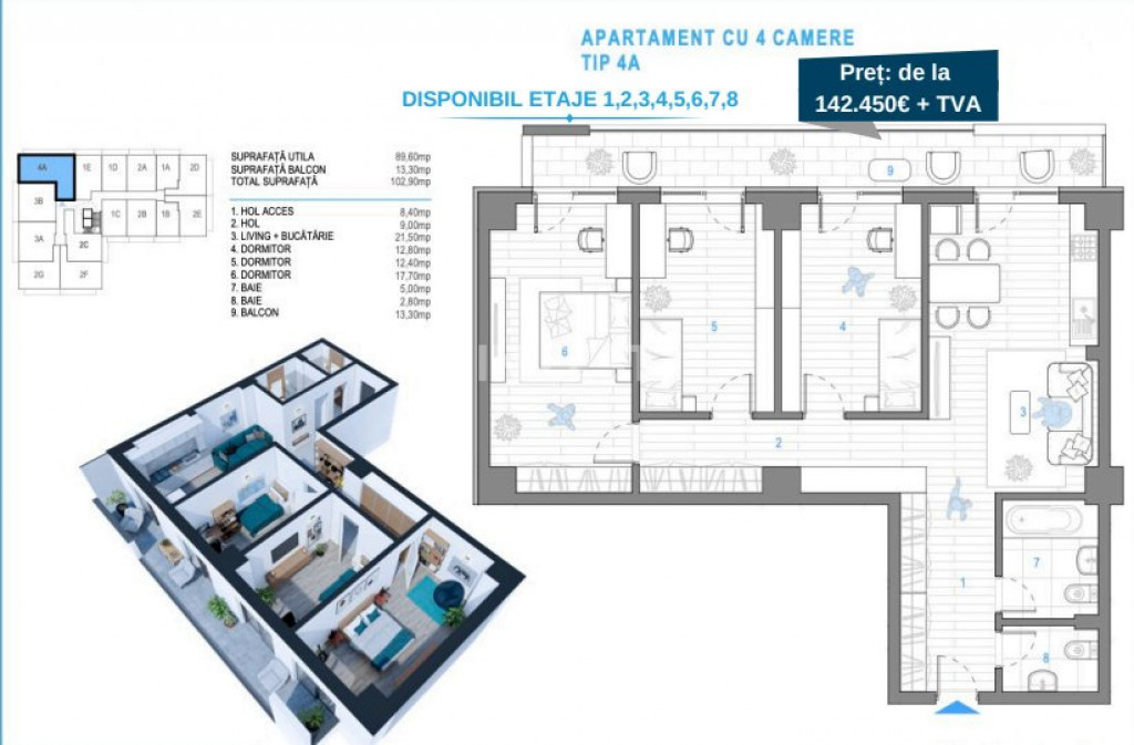 APARTAMENT 4 CAMERE, 103 MP, ETAJ INTERMEDIAR, NICOLINA, COM