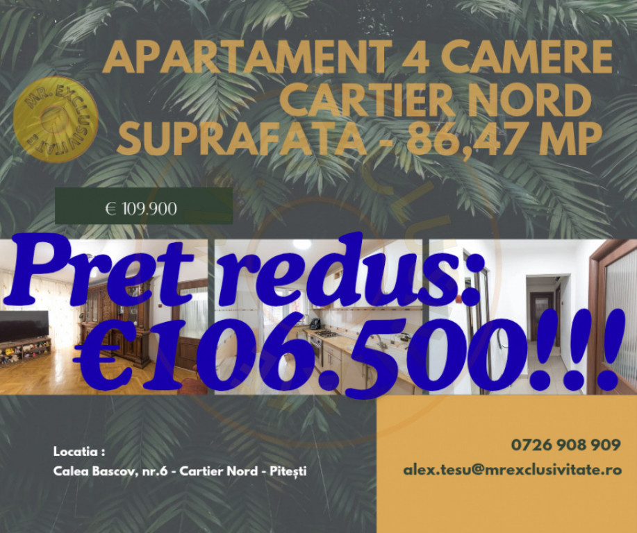 Apartament 4 camere - Nord - Impecabil - foarte spatios 86,4