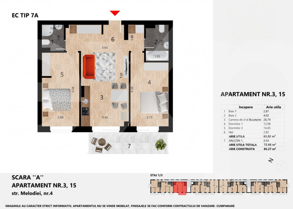Apartament 3 camere 64 mp, Zorilor, lângă liceul Waldorf,