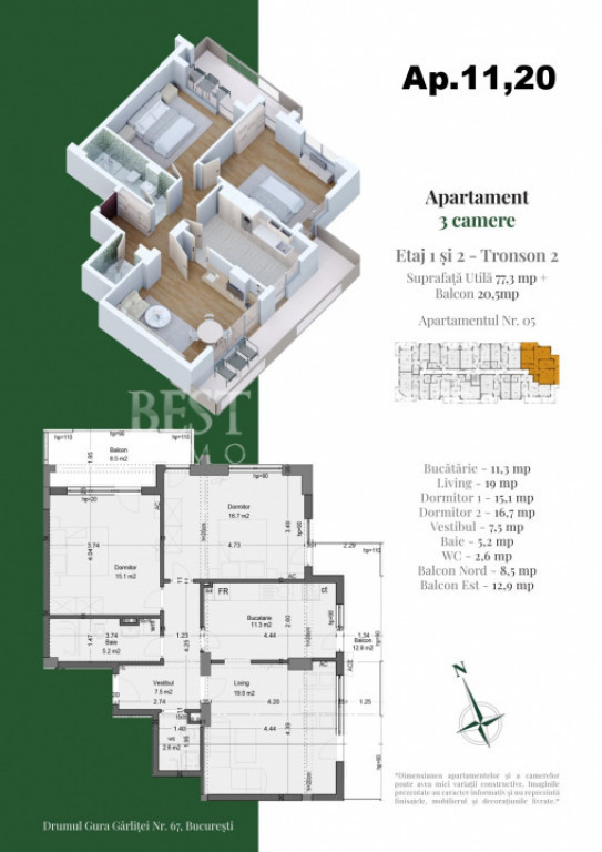 Apartament 3 camere – Confort modern, compartimentare efic