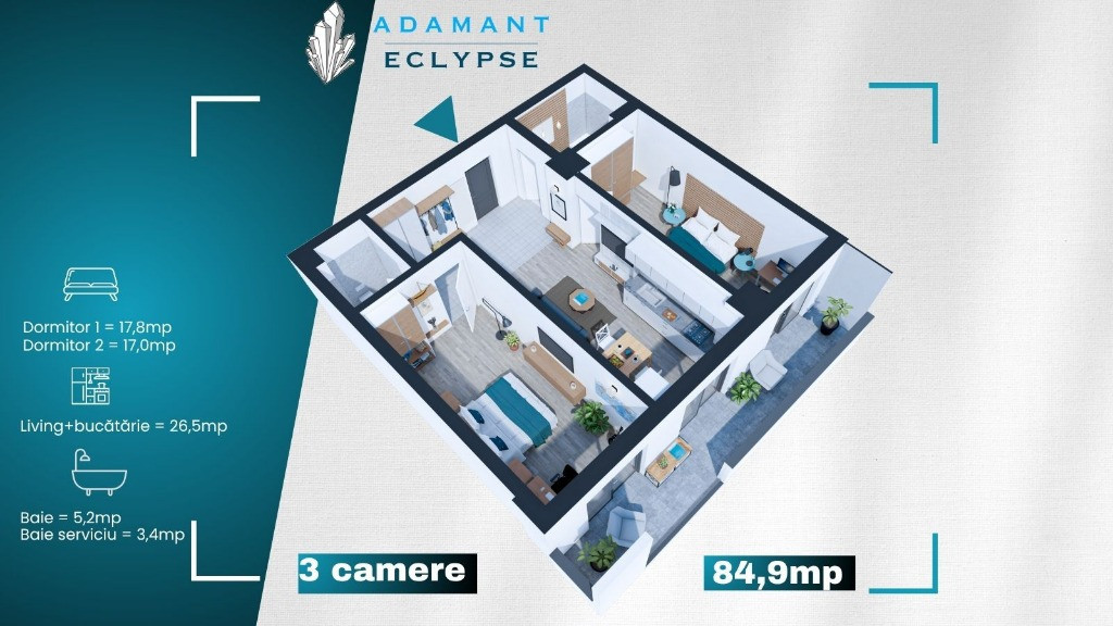ADAMANT ECLYPSE | 3 camere openspace | 3B ~ 85mp, CUG-BRD – Iasi