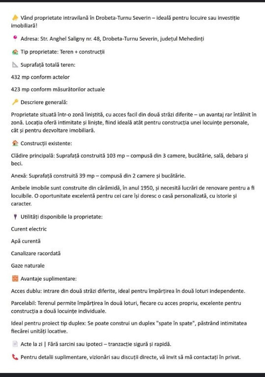 Proprietate intravilană în Drobeta-Turnu Severin–ideală locuire...