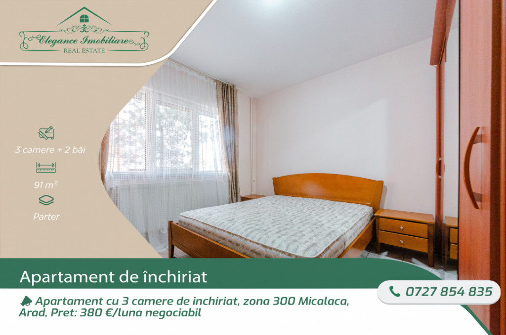 Apartment cu 3 camere de închiriat, zona 300 Micalaca, Arad
