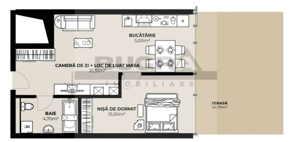 Apartament 2 camere, 44 mp, terasa 25 mp, zona Autogara