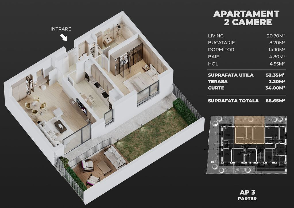 2cam.dec+curte+parcare, semicentral Popesti-Leordeni