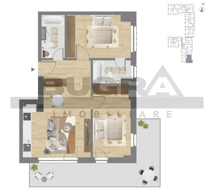 Apartament 3 camere, 72 mp, terasa, garaj, zona C. Coposu