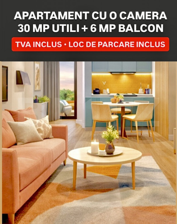 Apartament cu o camera, Etaj 1, clima, 30 mp plus balcon, TV