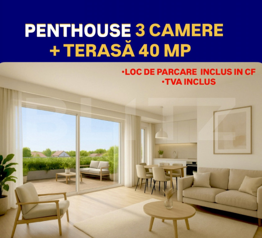 Penthouse de vanzare cu 3 camere, cu terasa panoramica, zona