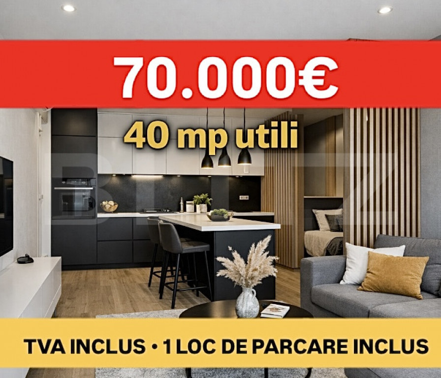 Apartament tip studio, 40 mp utili, 1 loc de parcare, Etaj 1