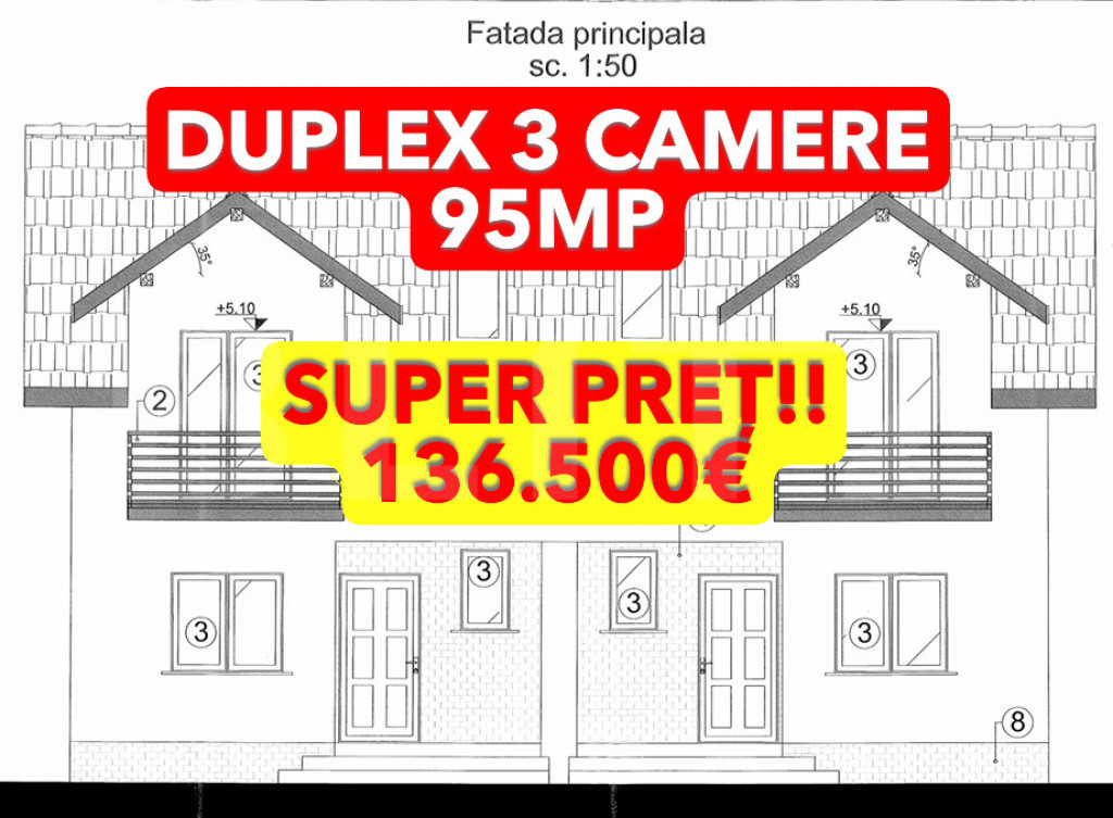 Duplex P+M 3 camere, 95mp utili, teren 259 mp, Moșnița Ve