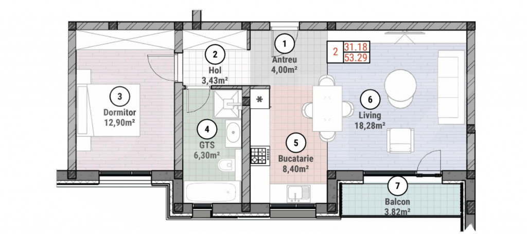 Apartament cu 2 camere 62 mp utili