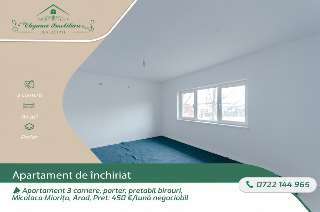 Apartament 3 camere, parter, pretabil birouri, Micalaca Mior