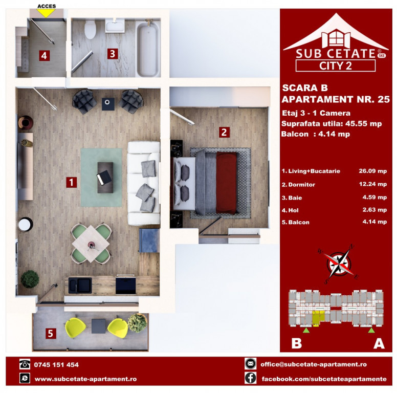 Studio 45 mp +balcon