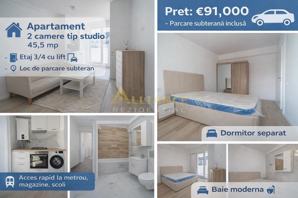 Apartament 2 camere tip studio - 45,5 mp - Etaj 3 din 4 cu l