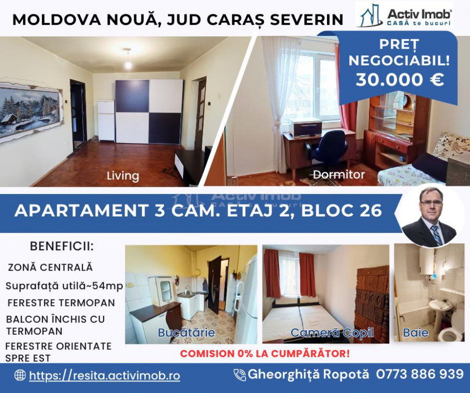 Apartament 3 cam. et. 2 in Moldova Nou#259;