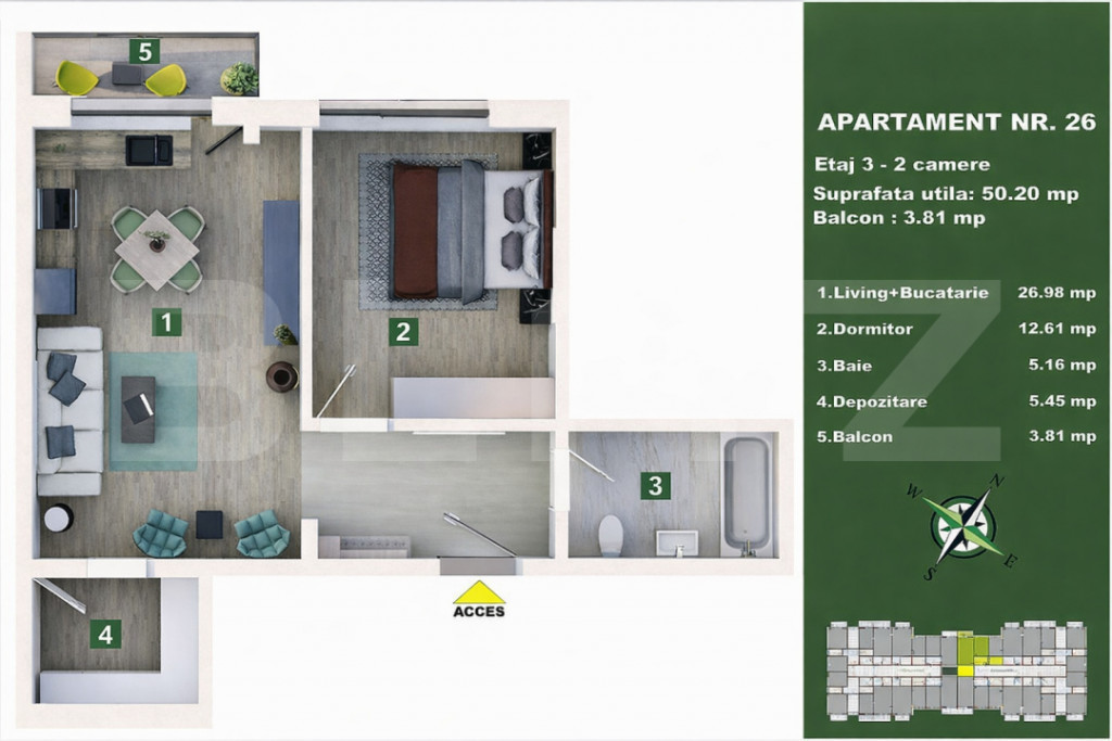 Apartament 2 camere, living cu bucătărie open space, balco