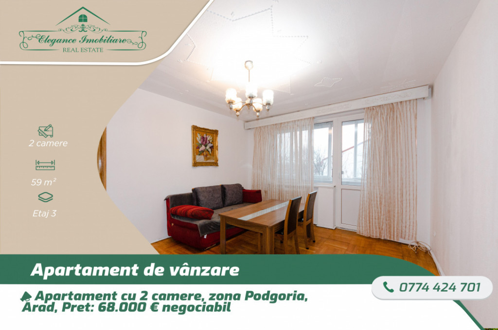 Apartament cu 2 camere. Zona Podgoria. Arad