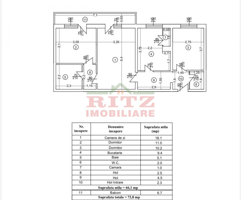 Ap. 3 cam., S=73 mp, et. 1, Central!