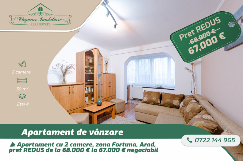 Apartament cu 2 camere, zona Fortuna, Arad