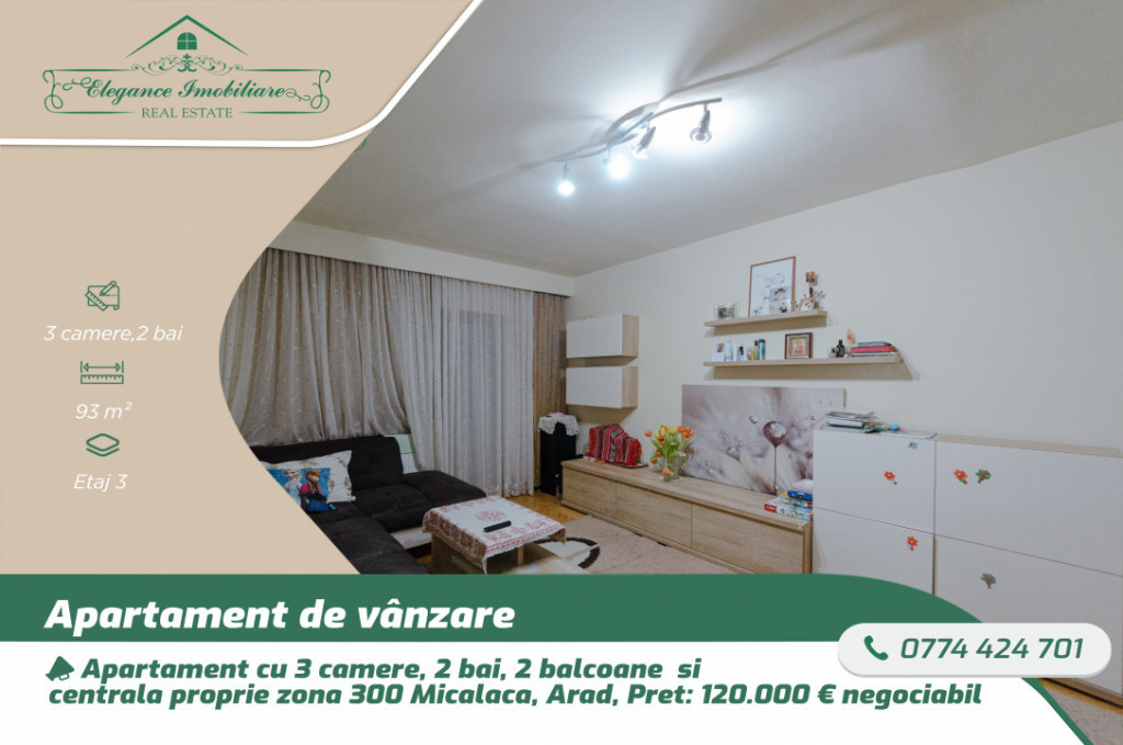 Apartament cu 3 camere si centrala prorpie, zona 300 Micalac