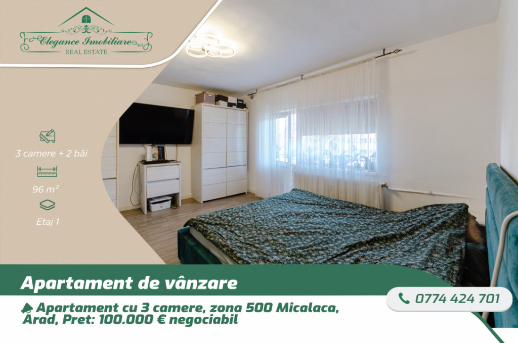 Apartament cu 3 camere, 2 bai și 2 balcoane zona 500 Mical