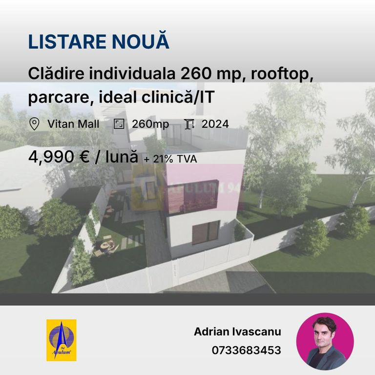 Clădire individuala 260 mp, rooftop, parcare, ideal clin...