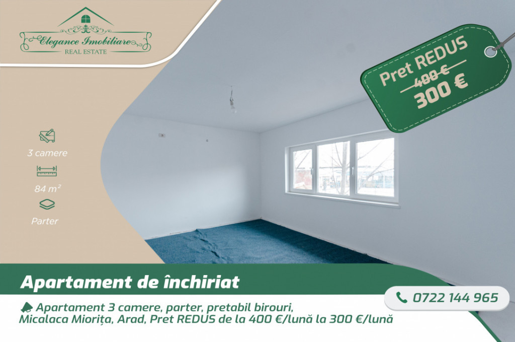 Apartament 3 camere, parter, pretabil birouri, Micalaca Mior