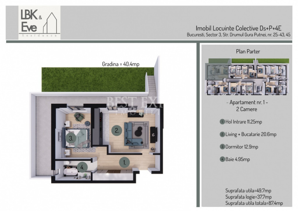 Apartament 2 camere cu terasă și grădină -Mutare Rapida
