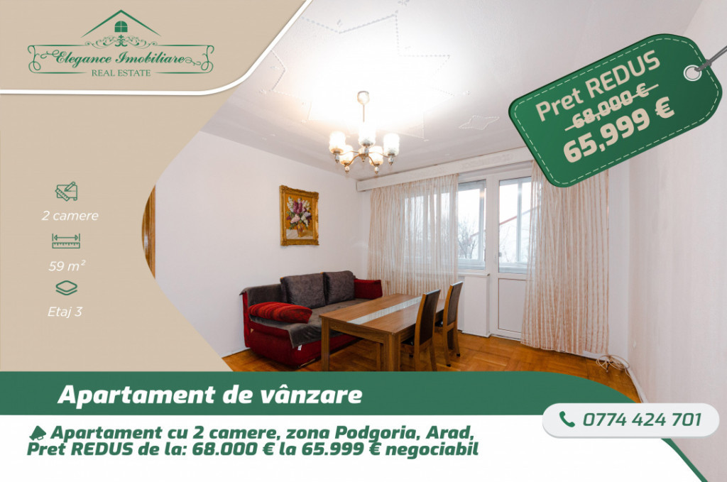 Apartament cu 2 camere. Zona Podgoria. Arad