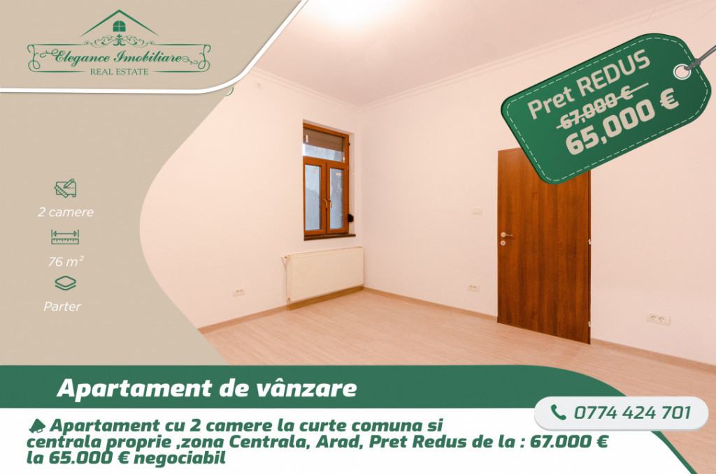 Apartament cu 2 camere la curte comuna si centrala proprie ,