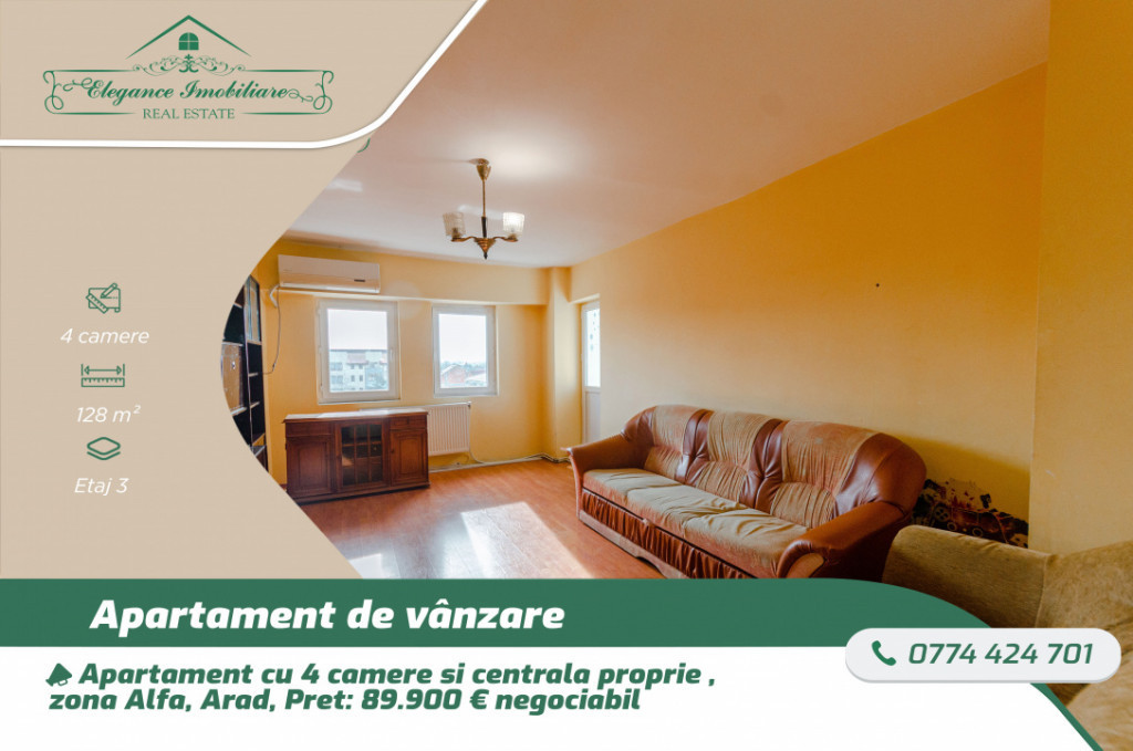 Apartament cu 4 camere și centrală proprie,zona Alfa,Arad