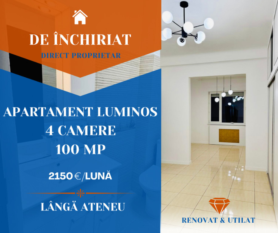 Apartament spațios și luminos lângă Ateneul Român – 4 camere, 100 mp