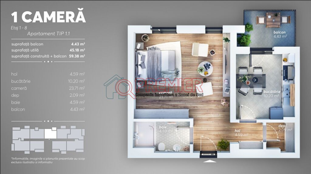 Garsoniera spatioasa de 50 mp - Sector 4 - Grand Arena