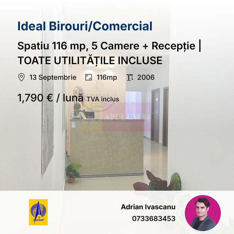 Spatiu 116 mp, 5 Camere + Recepție | TOATE UTILITĂȚILE...