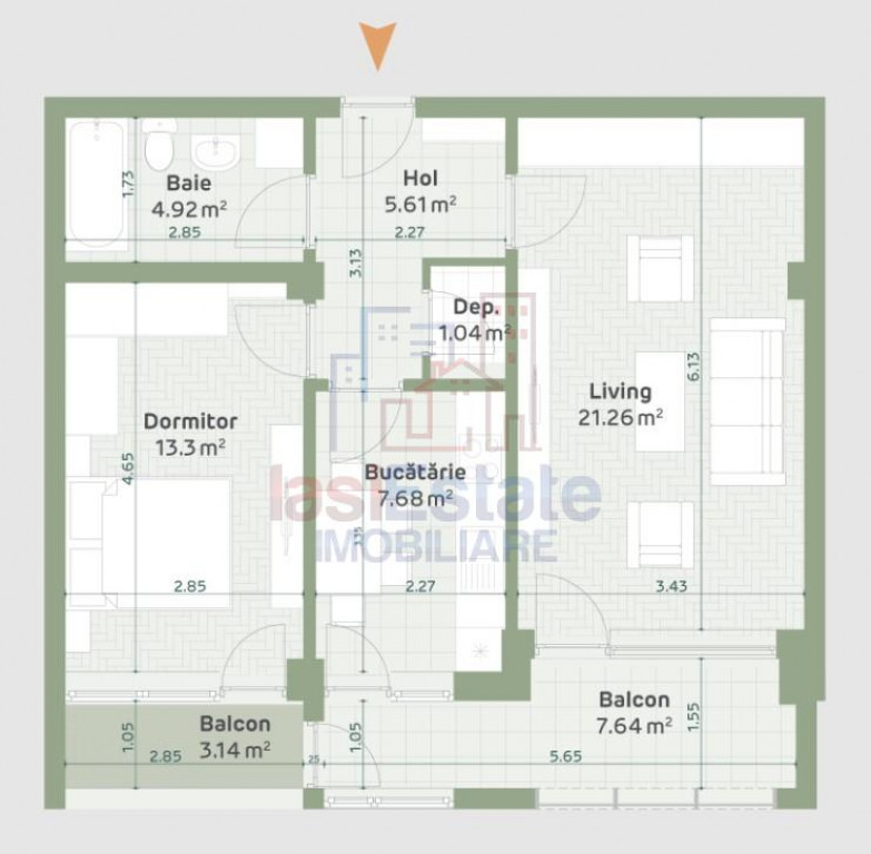 Apartament cu 2 camere in Hlincea la bloc nou 61,45mp 3,14