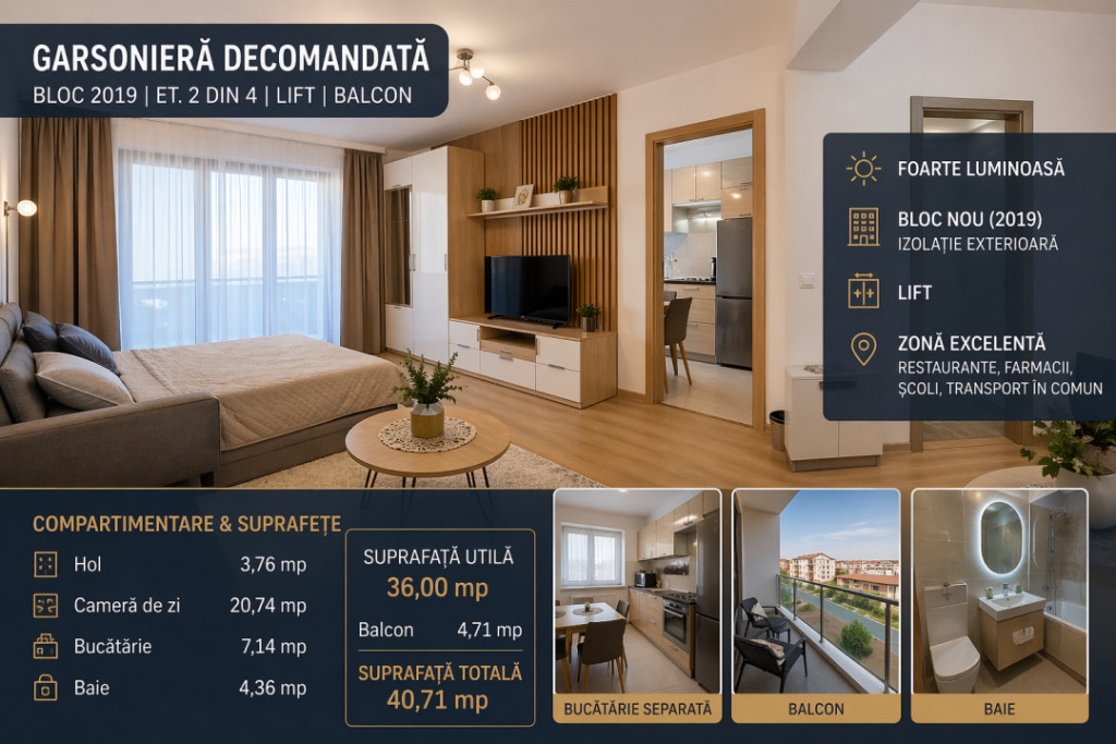 Garsonieră decomandată 40 mp | Bloc 2019 | Lift | Balcon |